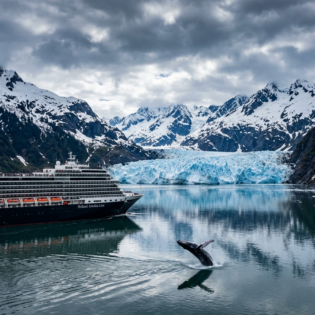 Alaska cruise ship near glaciers with a whale in view