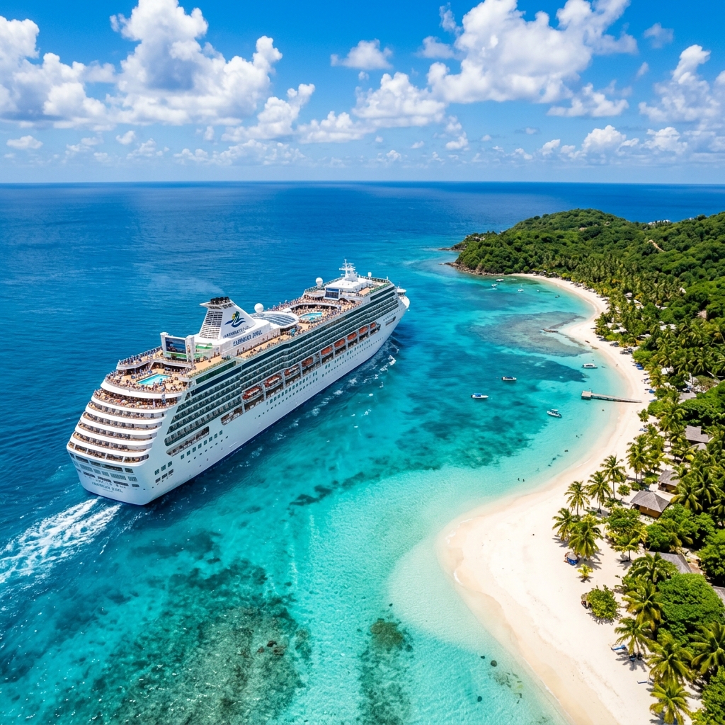 Caribbean cruise ship near a tropical island with palm trees