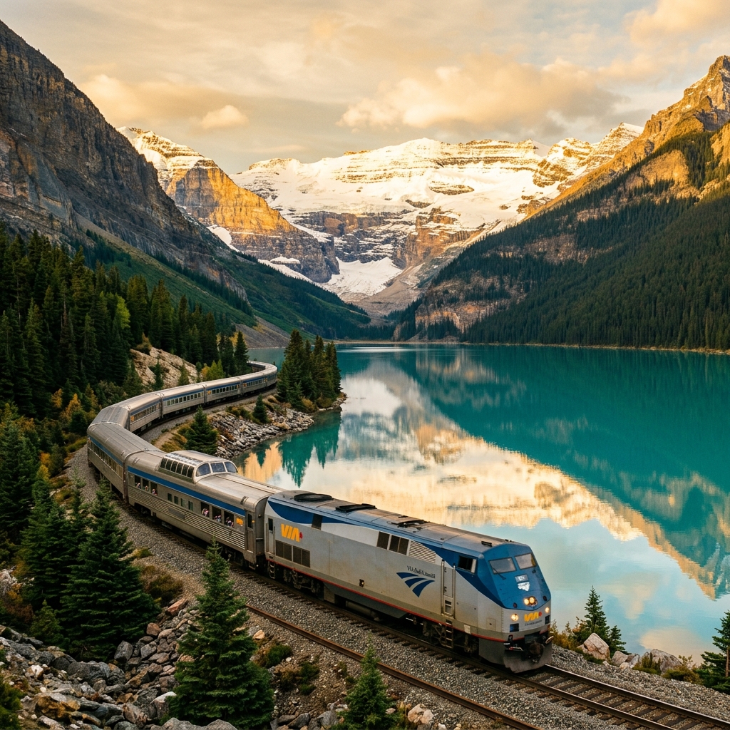 VIA Rail train crossing the Canadian Rockies alongside a turquoise lake