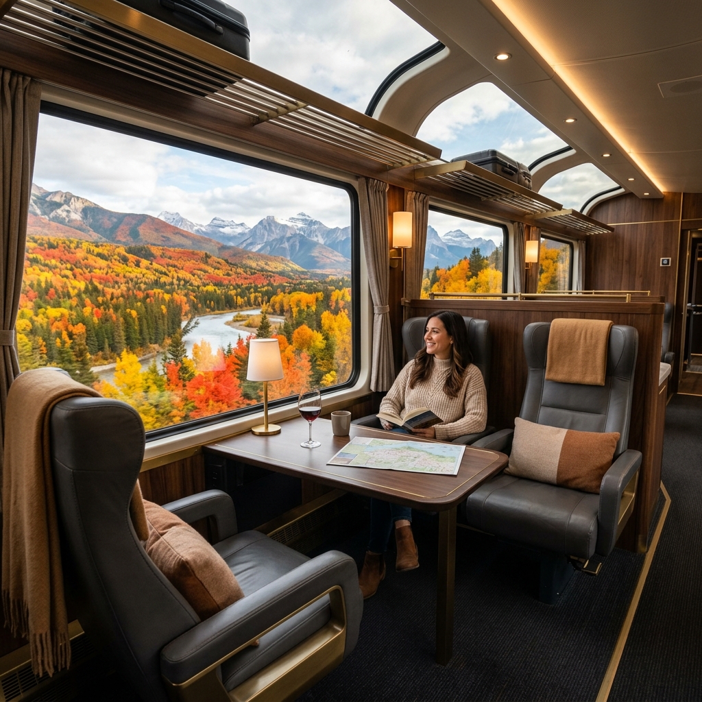 Inside a VIA Rail coach with scenic window views